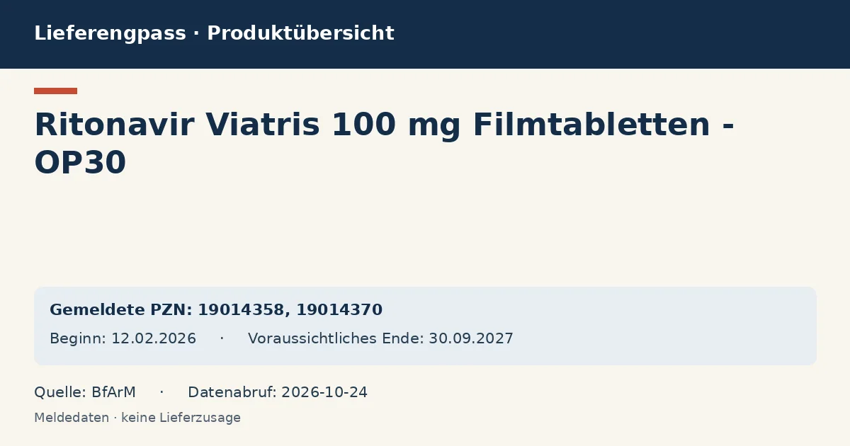 Ritonavir Viatris 100 mg Filmtabletten - OP30: Datenübersicht zum Lieferengpass mit gemeldeten Packungen und Zeitraum (BfArM) Ritonavir Viatris 100 mg Filmtabletten - OP30: Datenübersicht zum Lieferengpass mit gemeldeten Packungen und Zeitraum (BfArM)