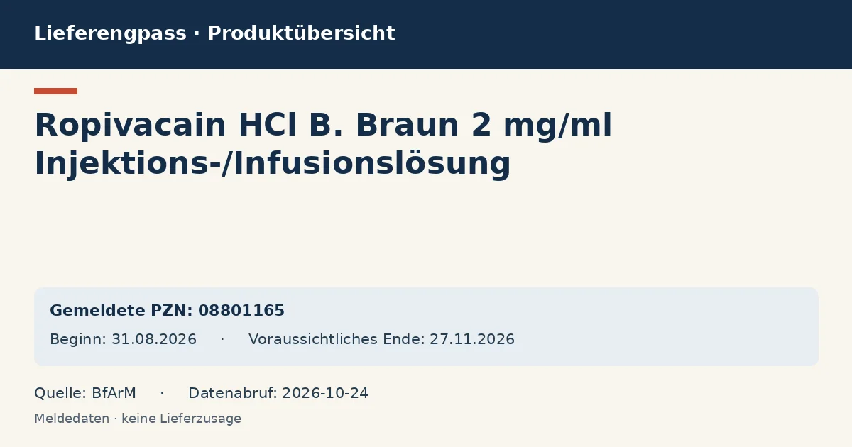 Ropivacain HCl B. Braun 2 mg/ml Injektions-/Infusionslösung: Datenübersicht zum Lieferengpass mit gemeldeten Packungen und Zeitraum (BfArM) Ropivacain HCl B. Braun 2 mg/ml Injektions-/Infusionslösung: Datenübersicht zum Lieferengpass mit gemeldeten Packungen und Zeitraum (BfArM)