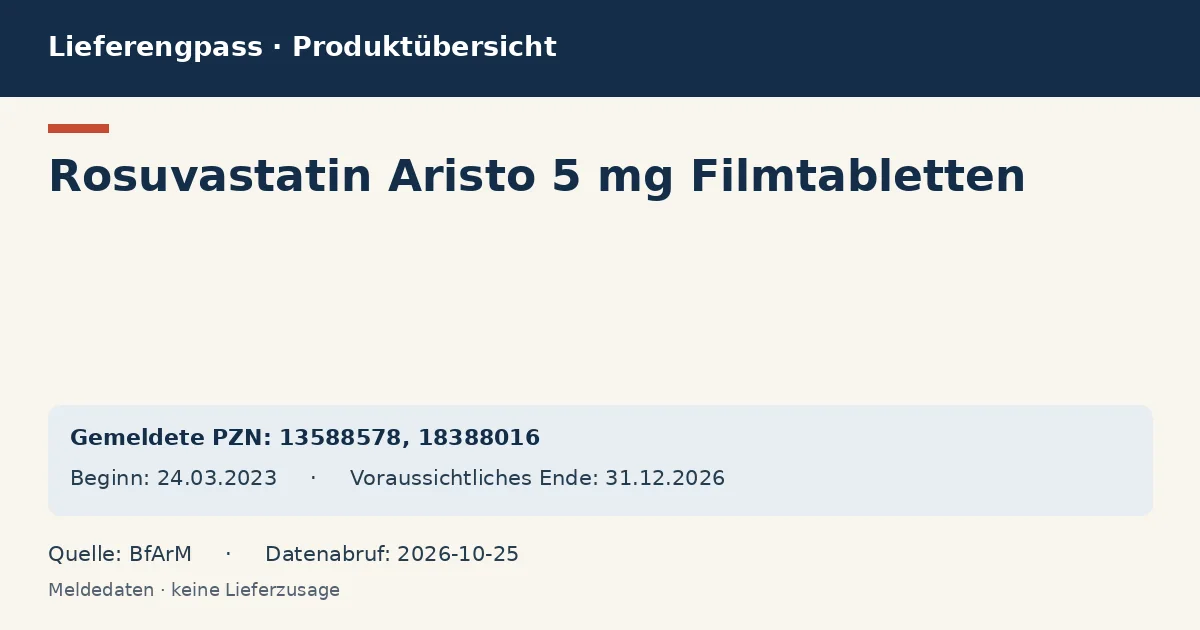 Rosuvastatin Aristo 5 mg Filmtabletten: Datenübersicht zum Lieferengpass mit gemeldeten Packungen und Zeitraum (BfArM) Rosuvastatin Aristo 5 mg Filmtabletten: Datenübersicht zum Lieferengpass mit gemeldeten Packungen und Zeitraum (BfArM)
