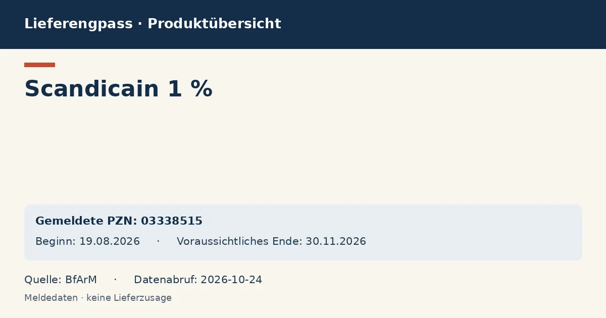 Scandicain 1 %: Datenübersicht zum Lieferengpass mit gemeldeten Packungen und Zeitraum (BfArM) Scandicain 1 %: Datenübersicht zum Lieferengpass mit gemeldeten Packungen und Zeitraum (BfArM)