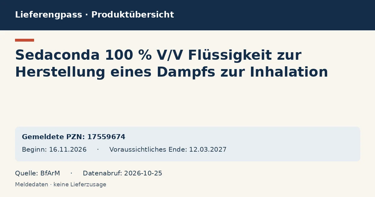 Sedaconda 100 % V/V Flüssigkeit zur Herstellung eines Dampfs zur Inhalation: Datenübersicht zum Lieferengpass mit gemeldeten Packungen und Zeitraum (BfArM) Sedaconda 100 % V/V Flüssigkeit zur Herstellung eines Dampfs zur Inhalation: Datenübersicht zum Lieferengpass mit gemeldeten Packungen und Zeitraum (BfArM)