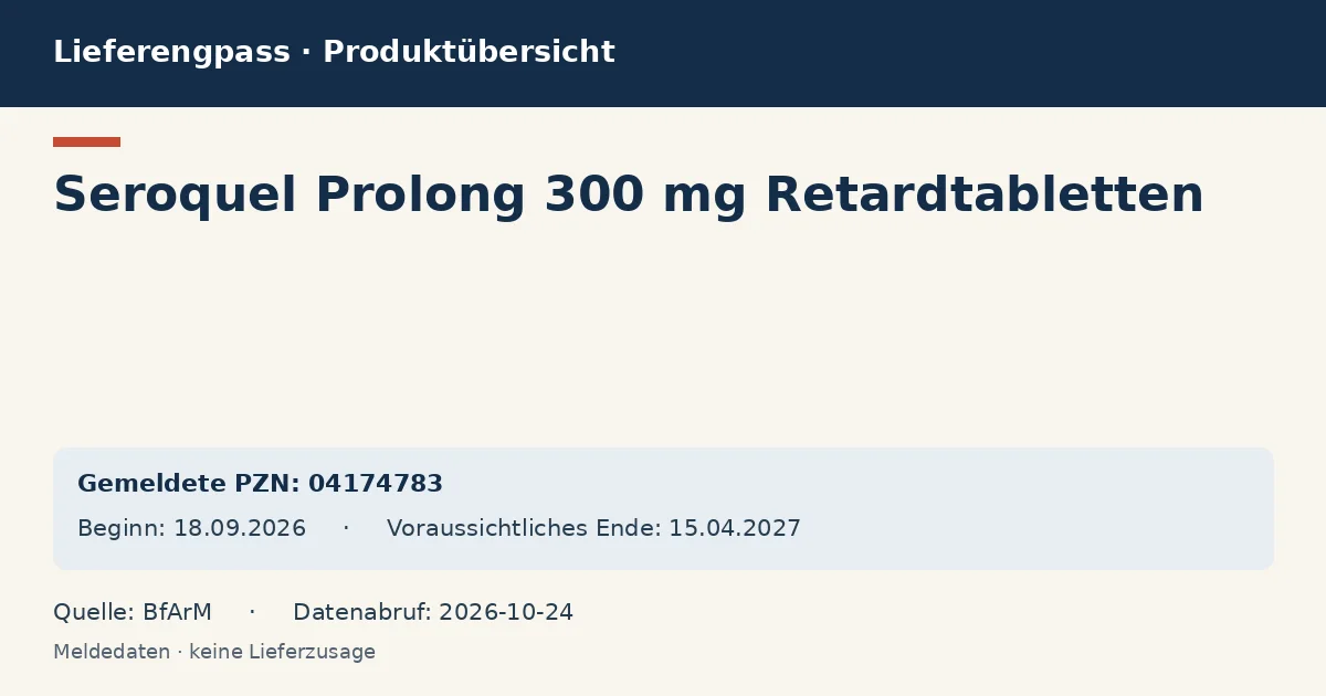 Seroquel Prolong 300 mg Retardtabletten: Datenübersicht zum Lieferengpass mit gemeldeten Packungen und Zeitraum (BfArM) Seroquel Prolong 300 mg Retardtabletten: Datenübersicht zum Lieferengpass mit gemeldeten Packungen und Zeitraum (BfArM)