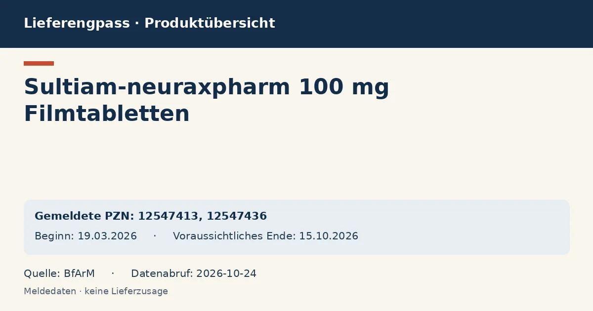 Sultiam-neuraxpharm 100 mg Filmtabletten: Datenübersicht zum Lieferengpass mit gemeldeten Packungen und Zeitraum (BfArM)