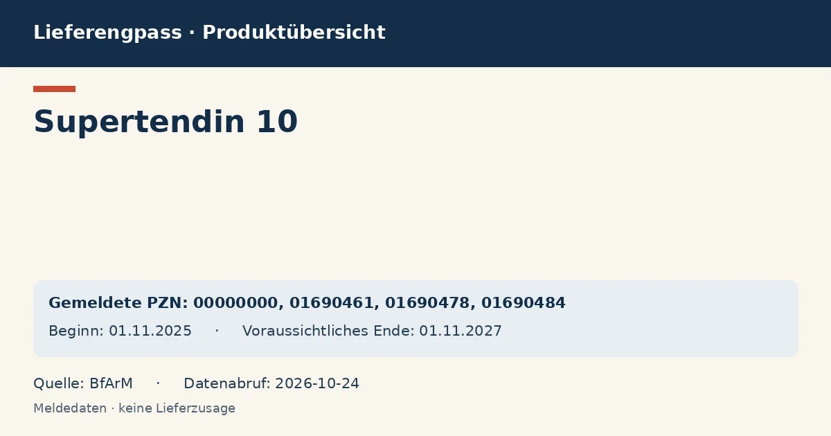 Supertendin 10: Datenübersicht zum Lieferengpass mit gemeldeten Packungen und Zeitraum (BfArM)