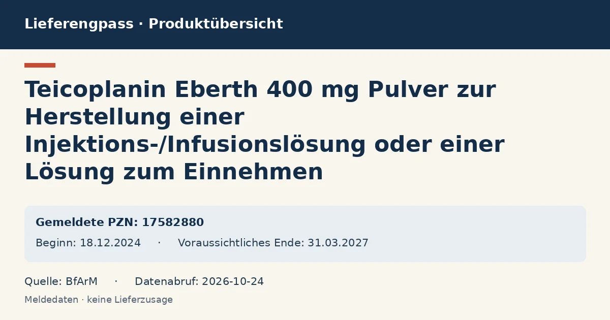 Teicoplanin Eberth 400 mg Pulver zur Herstellung einer Injektions-/Infusionslösung oder einer Lösung zum Einnehmen: Datenübersicht zum Lieferengpass mit gemeldeten Packungen und Zeitraum (BfArM)
