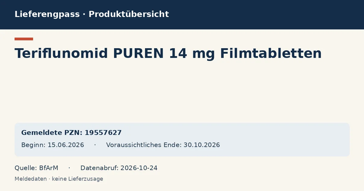 Teriflunomid PUREN 14 mg Filmtabletten: Datenübersicht zum Lieferengpass mit gemeldeten Packungen und Zeitraum (BfArM) Teriflunomid PUREN 14 mg Filmtabletten: Datenübersicht zum Lieferengpass mit gemeldeten Packungen und Zeitraum (BfArM)