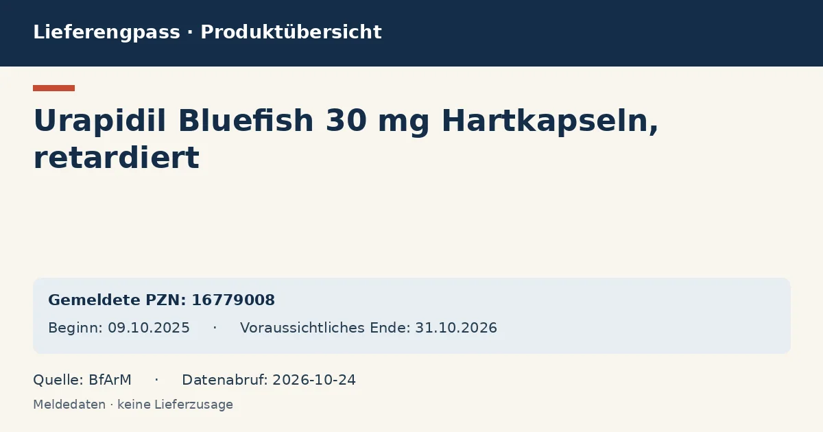 Urapidil Bluefish 30 mg Hartkapseln, retardiert: Datenübersicht zum Lieferengpass mit gemeldeten Packungen und Zeitraum (BfArM) Urapidil Bluefish 30 mg Hartkapseln, retardiert: Datenübersicht zum Lieferengpass mit gemeldeten Packungen und Zeitraum (BfArM)