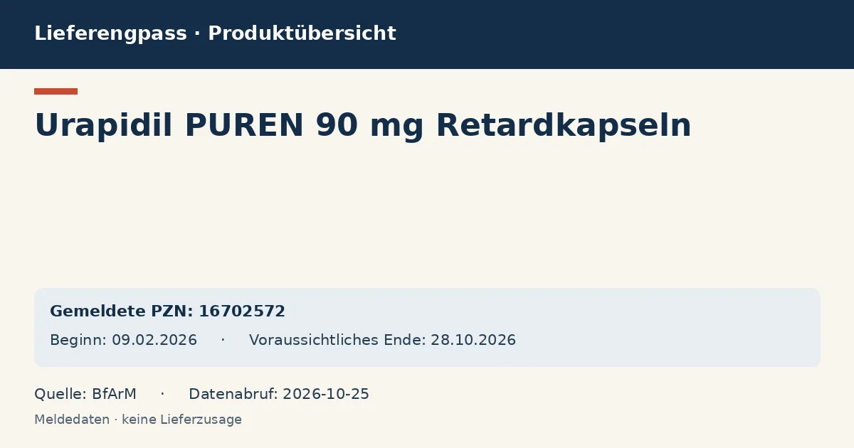 Urapidil PUREN 90 mg Retardkapseln: Datenübersicht zum Lieferengpass mit gemeldeten Packungen und Zeitraum (BfArM) Urapidil PUREN 90 mg Retardkapseln: Datenübersicht zum Lieferengpass mit gemeldeten Packungen und Zeitraum (BfArM)