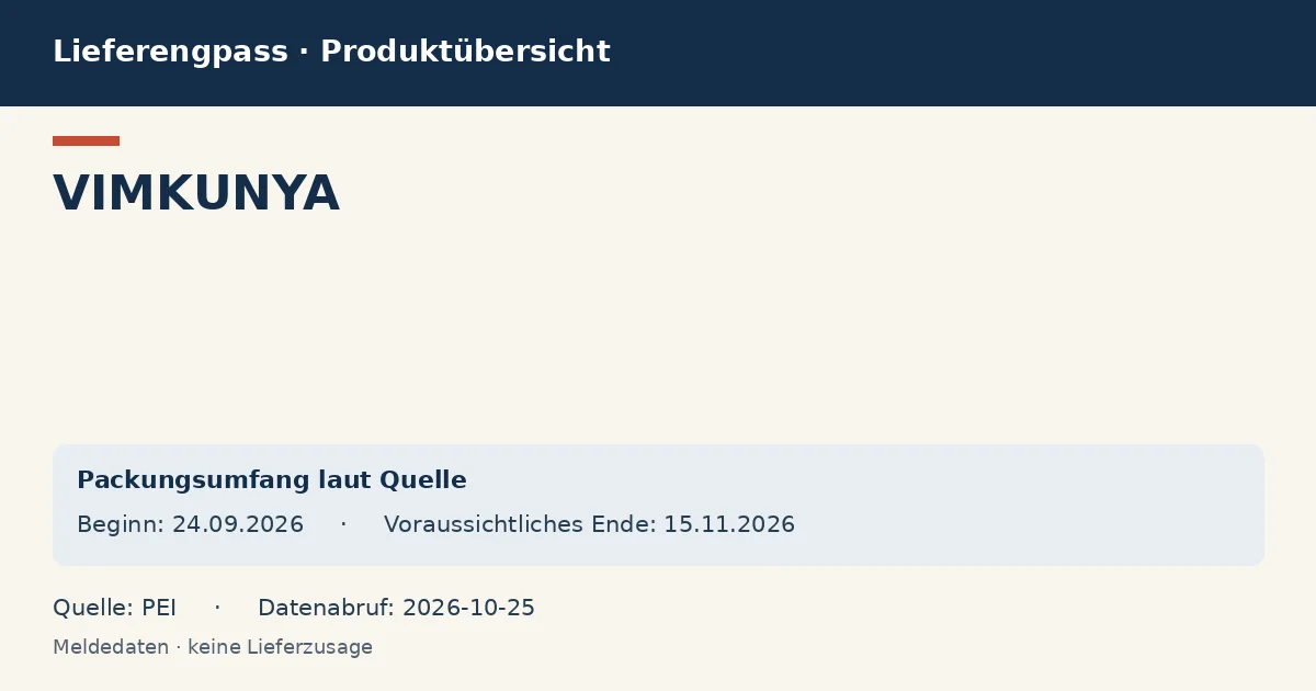 VIMKUNYA: Datenübersicht zum Lieferengpass mit gemeldeten Packungen und Zeitraum (PEI) VIMKUNYA: Datenübersicht zum Lieferengpass mit gemeldeten Packungen und Zeitraum (PEI)