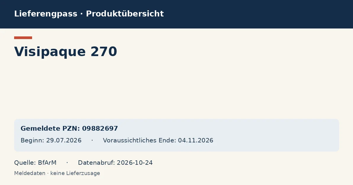 Visipaque 270: Datenübersicht zum Lieferengpass mit gemeldeten Packungen und Zeitraum (BfArM) Visipaque 270: Datenübersicht zum Lieferengpass mit gemeldeten Packungen und Zeitraum (BfArM)