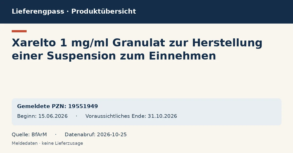 Xarelto 1 mg/ml Granulat zur Herstellung einer Suspension zum Einnehmen: Datenübersicht zum Lieferengpass mit gemeldeten Packungen und Zeitraum (BfArM) Xarelto 1 mg/ml Granulat zur Herstellung einer Suspension zum Einnehmen: Datenübersicht zum Lieferengpass mit gemeldeten Packungen und Zeitraum (BfArM)
