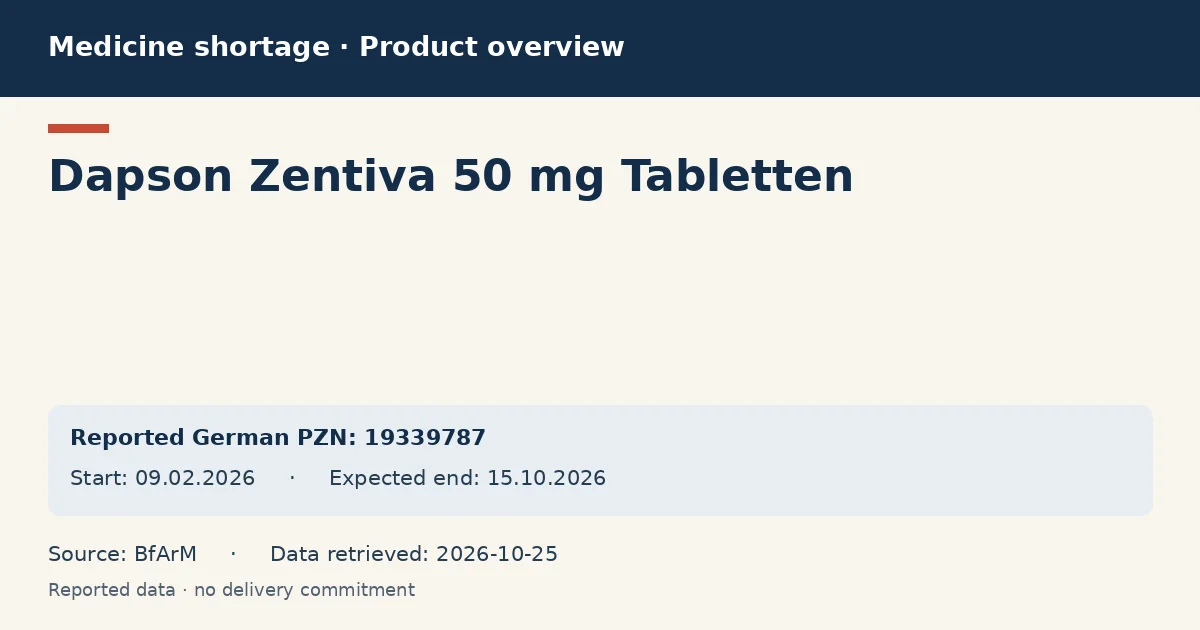 Dapson Zentiva 50 mg Tabletten: German shortage data overview with reported packs and period (BfArM) Dapson Zentiva 50 mg Tabletten: German shortage data overview with reported packs and period (BfArM)