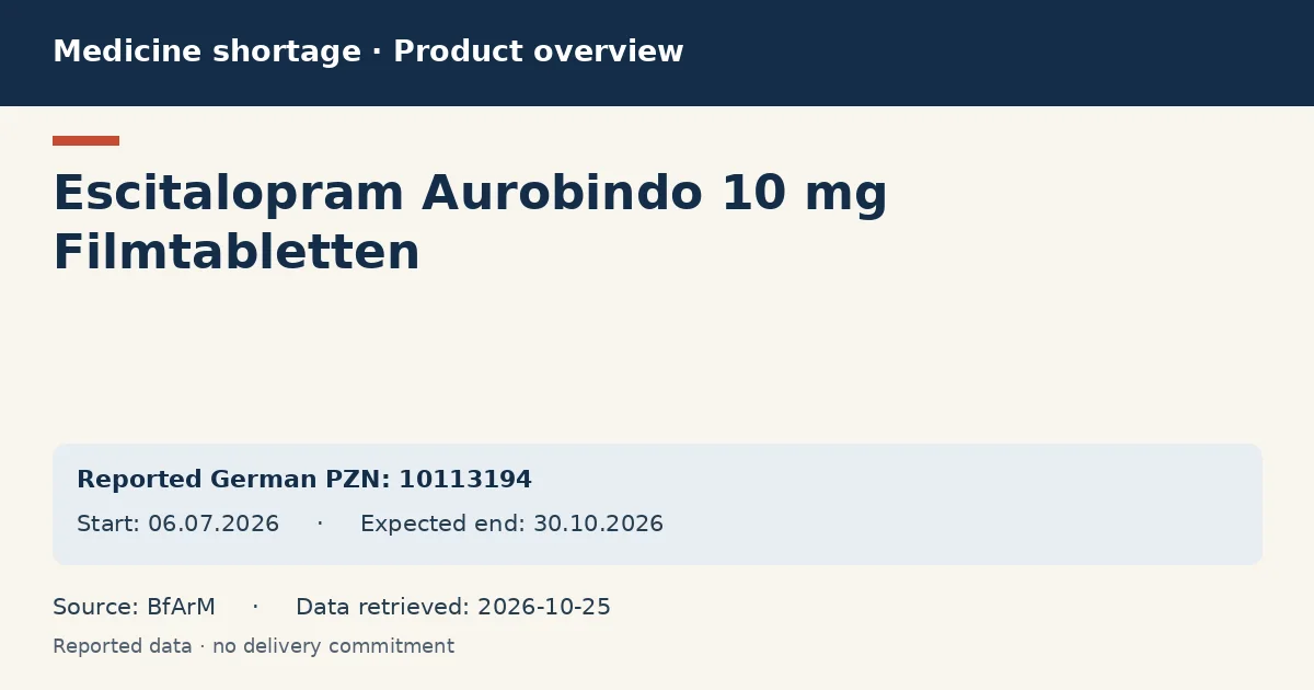 Escitalopram Aurobindo 10 mg Filmtabletten: German shortage data overview with reported packs and period (BfArM) Escitalopram Aurobindo 10 mg Filmtabletten: German shortage data overview with reported packs and period (BfArM)