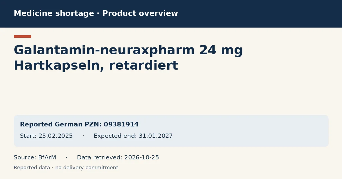 Galantamin-neuraxpharm 24 mg Hartkapseln, retardiert: German shortage data overview with reported packs and period (BfArM) Galantamin-neuraxpharm 24 mg Hartkapseln, retardiert: German shortage data overview with reported packs and period (BfArM)