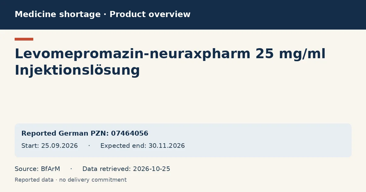 Levomepromazin-neuraxpharm 25 mg/ml Injektionslösung: German shortage data overview with reported packs and period (BfArM) Levomepromazin-neuraxpharm 25 mg/ml Injektionslösung: German shortage data overview with reported packs and period (BfArM)