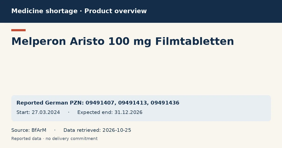 Melperon Aristo 100 mg Filmtabletten: German shortage data overview with reported packs and period (BfArM) Melperon Aristo 100 mg Filmtabletten: German shortage data overview with reported packs and period (BfArM)