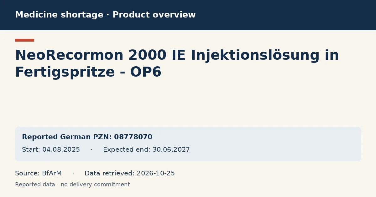 NeoRecormon 2000 IE Injektionslösung in Fertigspritze - OP6: German shortage data overview with reported packs and period (BfArM)