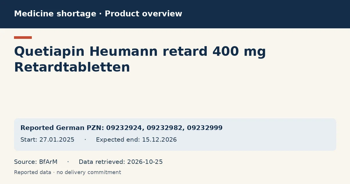 Quetiapin Heumann retard 400 mg Retardtabletten: German shortage data overview with reported packs and period (BfArM) Quetiapin Heumann retard 400 mg Retardtabletten: German shortage data overview with reported packs and period (BfArM)