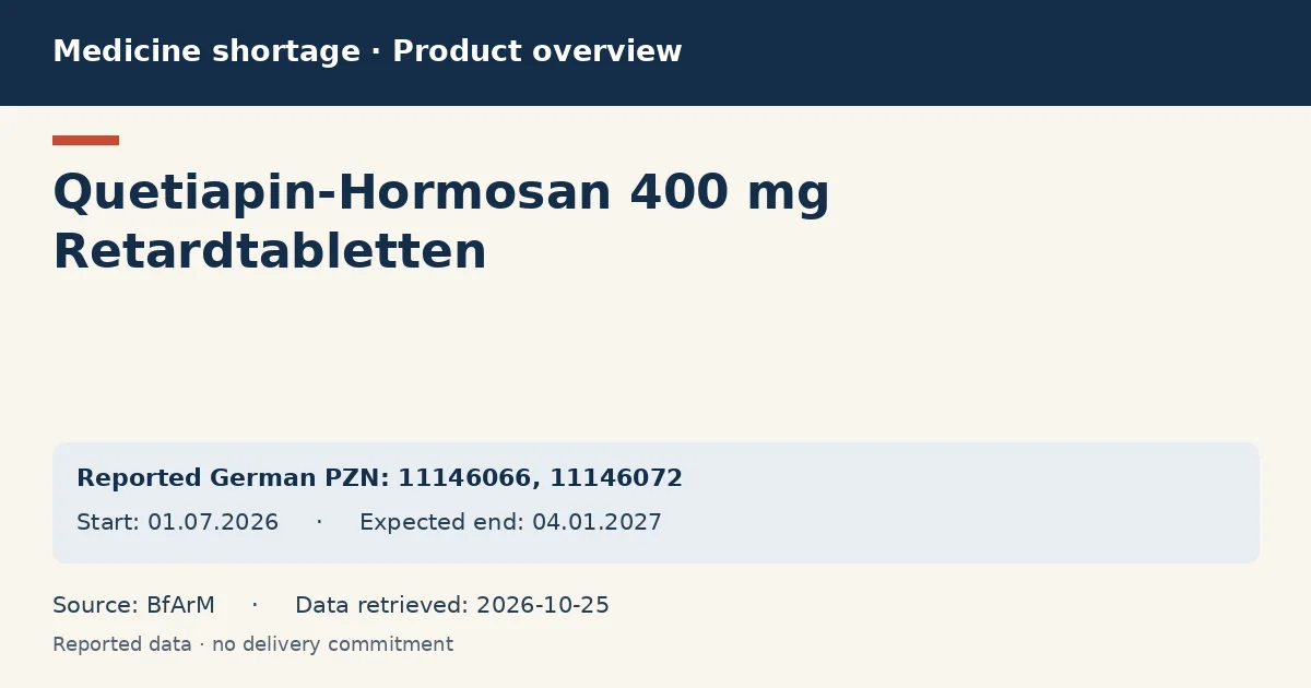 Quetiapin-Hormosan 400 mg Retardtabletten: German shortage data overview with reported packs and period (BfArM)