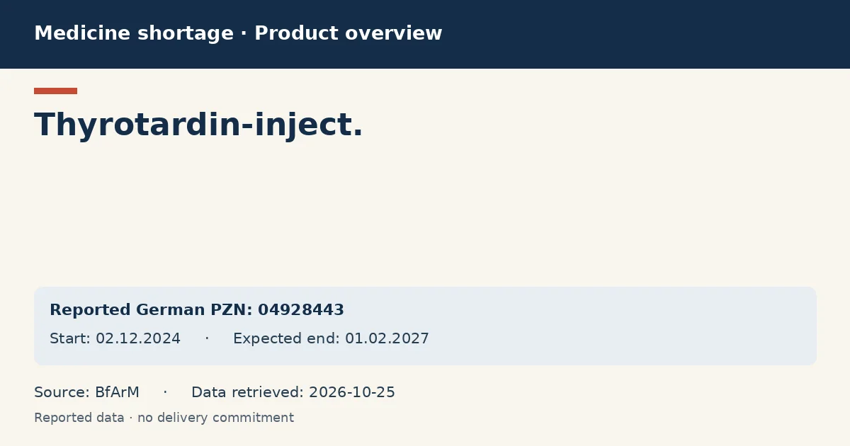 Thyrotardin-inject.: German shortage data overview with reported packs and period (BfArM) Thyrotardin-inject.: German shortage data overview with reported packs and period (BfArM)