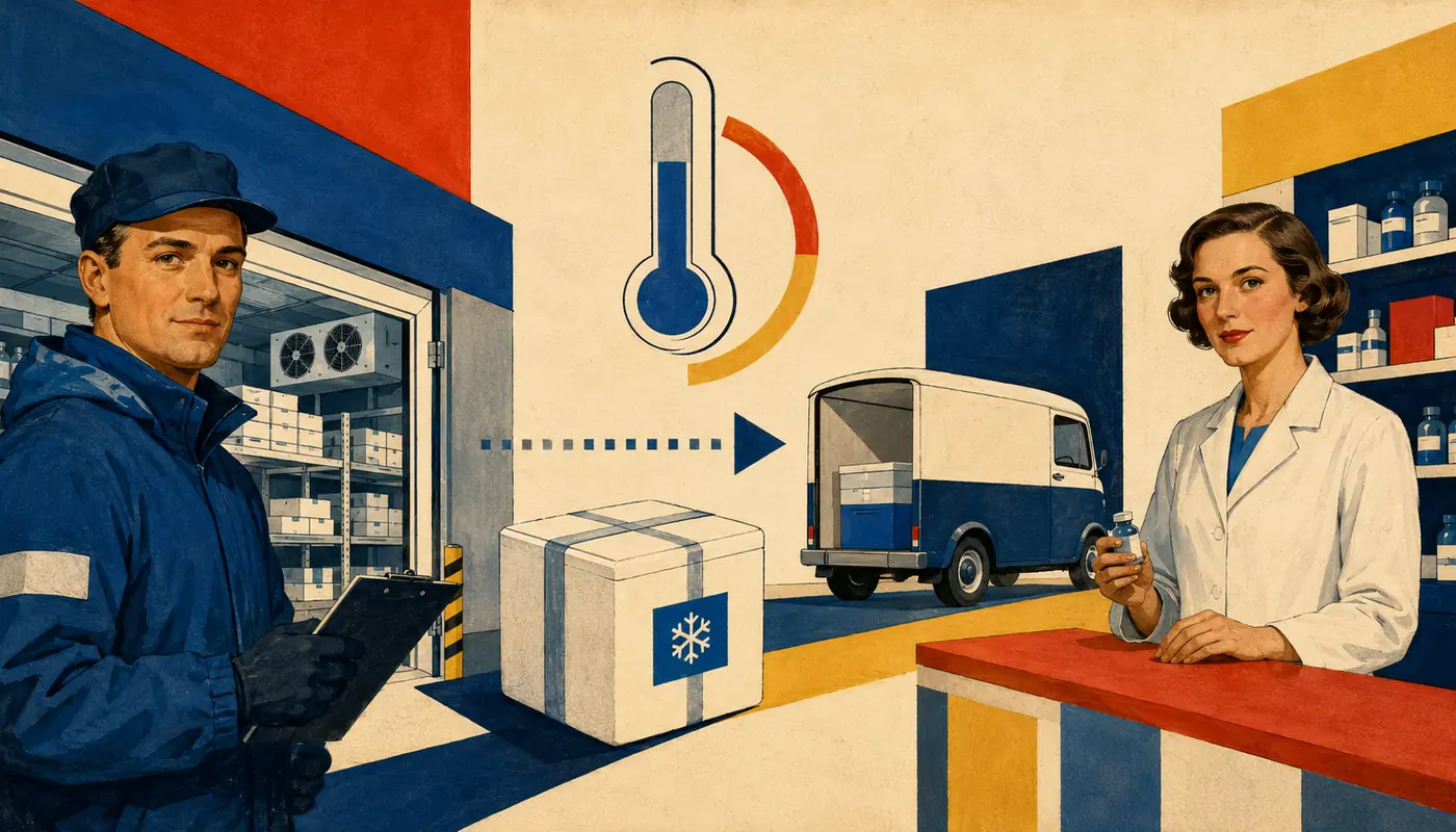 Modernistická ilustrace teplotně řízené přepravy léčiv z chladicího skladu přes vozidlo do lékárny. Modernistická ilustrace teplotně řízené přepravy léčiv z chladicího skladu přes vozidlo do lékárny.