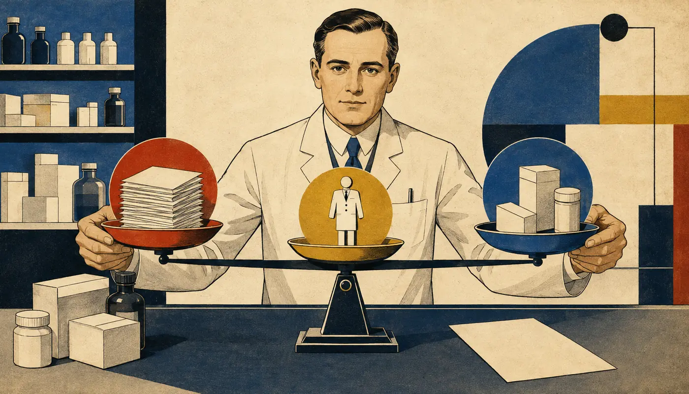 Modernistická ilustrace lékárníka mezi zpracováním receptů, odměňováním a průběžnými provozními náklady. Modernistická ilustrace lékárníka mezi zpracováním receptů, odměňováním a průběžnými provozními náklady.