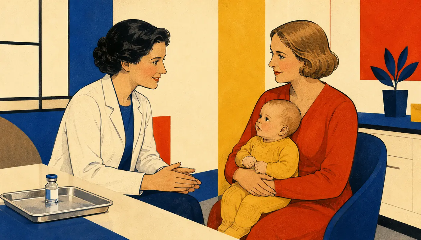 Modernistická ilustrace dětské lékařky při konzultaci s rodičem a kojencem o očkování. Modernistická ilustrace dětské lékařky při konzultaci s rodičem a kojencem o očkování.