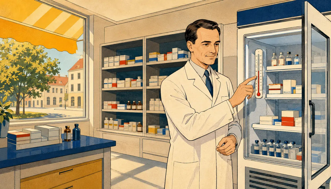 Modernistická ilustrace lékárníka kontrolujícího chladničku a sklad léčiv během letního horka. Modernistická ilustrace lékárníka kontrolujícího chladničku a sklad léčiv během letního horka.