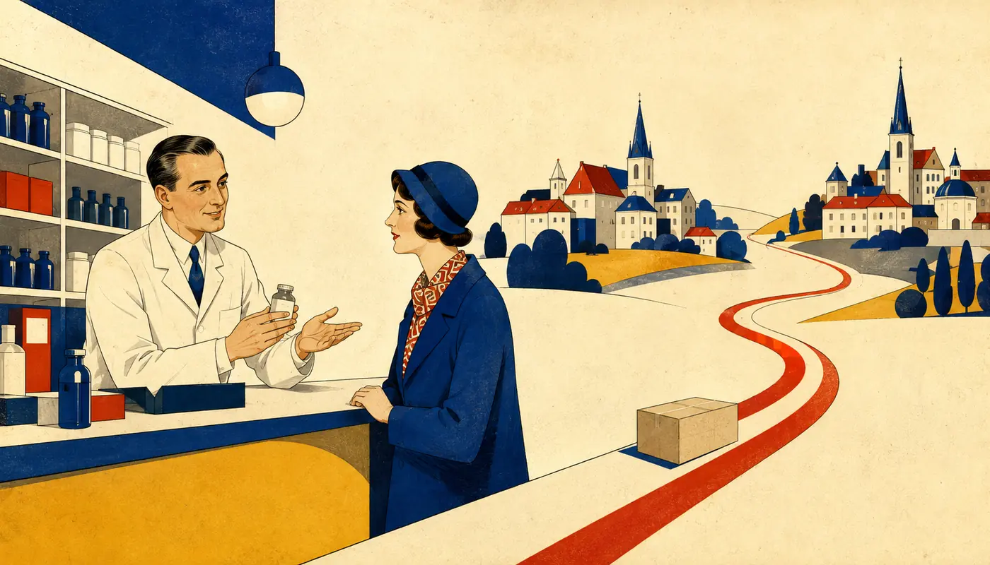 Modernistická ilustrace zásilkové lékárny s balíkem léčiv, kvalifikovanou logistickou trasou, kontrolou teploty a dokumentovaným procesem GDP. Modernistická ilustrace zásilkové lékárny s balíkem léčiv, kvalifikovanou logistickou trasou, kontrolou teploty a dokumentovaným procesem GDP.