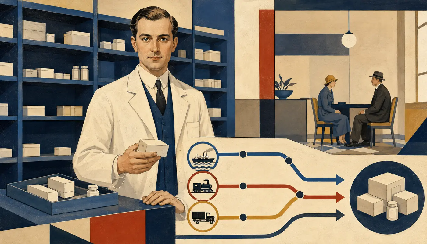 Modernistická ilustrace lékárníka při kontrole zásob balení a alternativního nákupu během výpadku léčiva. Modernistická ilustrace lékárníka při kontrole zásob balení a alternativního nákupu během výpadku léčiva.