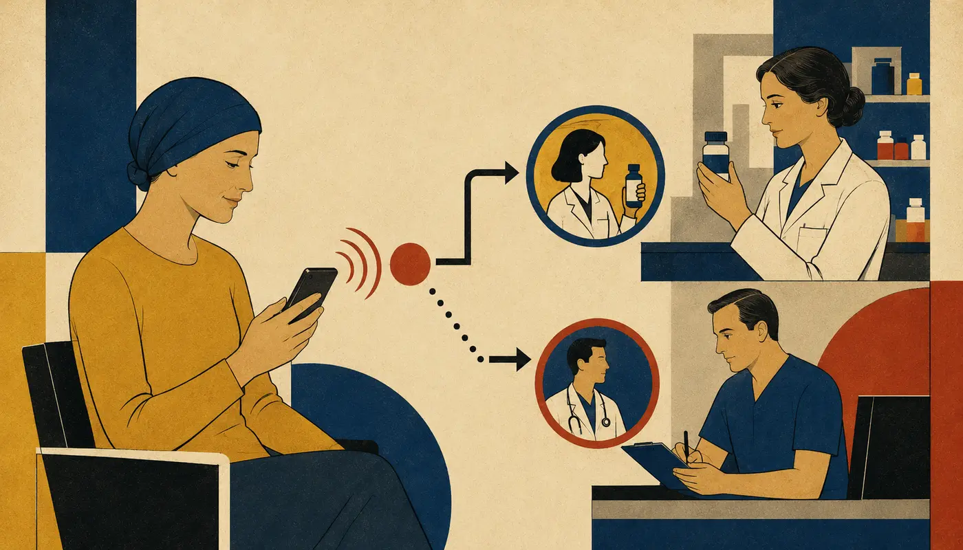 Bauhaus-Illustration zu digitaler Patientenbegleitung, Onkologie und Eskalationswegen