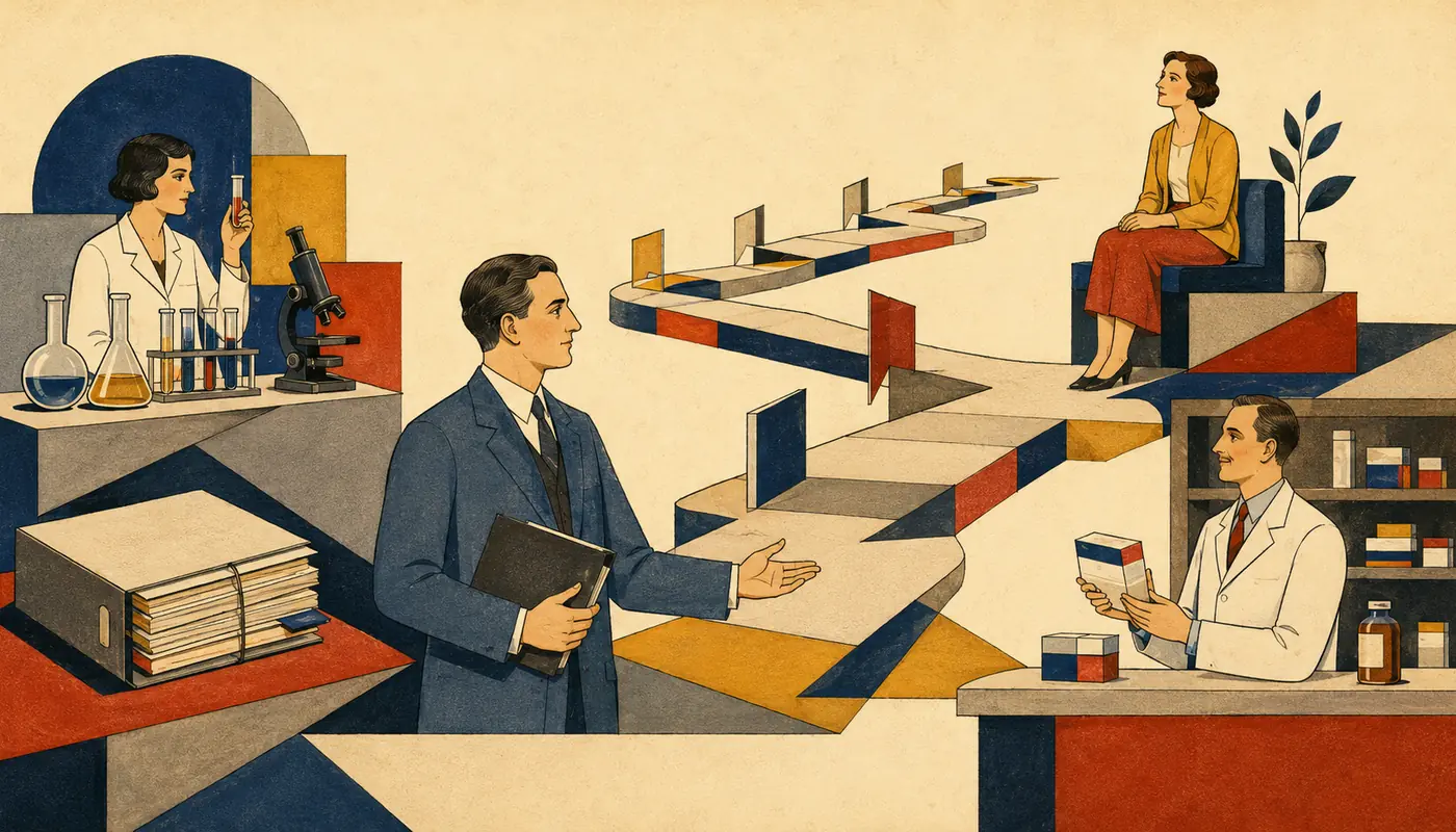Modernistische Illustration eines langen Zulassungswegs vom Arzneimitteldossier über die Apotheke bis zum wartenden Patienten. Modernistische Illustration eines langen Zulassungswegs vom Arzneimitteldossier über die Apotheke bis zum wartenden Patienten.