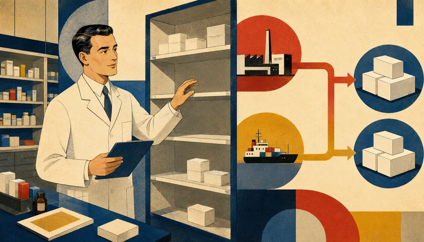 Modernist illustration of a pharmacist facing a nearly empty medicine shelf with alternative sourcing routes. Modernist illustration of a pharmacist facing a nearly empty medicine shelf with alternative sourcing routes.