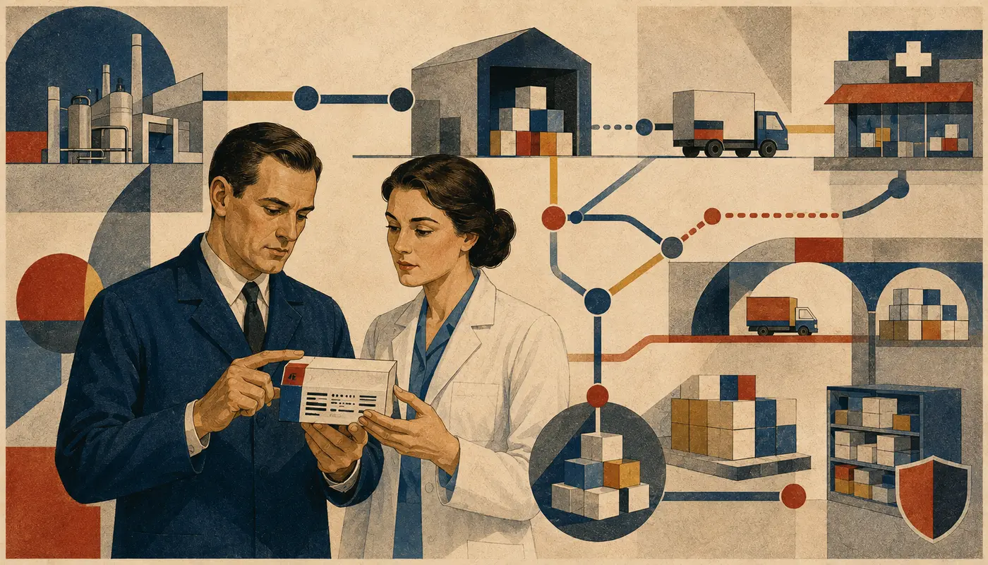 Bauhaus illustration of a serialised medicine pack and connected pharmaceutical supply chain Bauhaus illustration of a serialised medicine pack and connected pharmaceutical supply chain