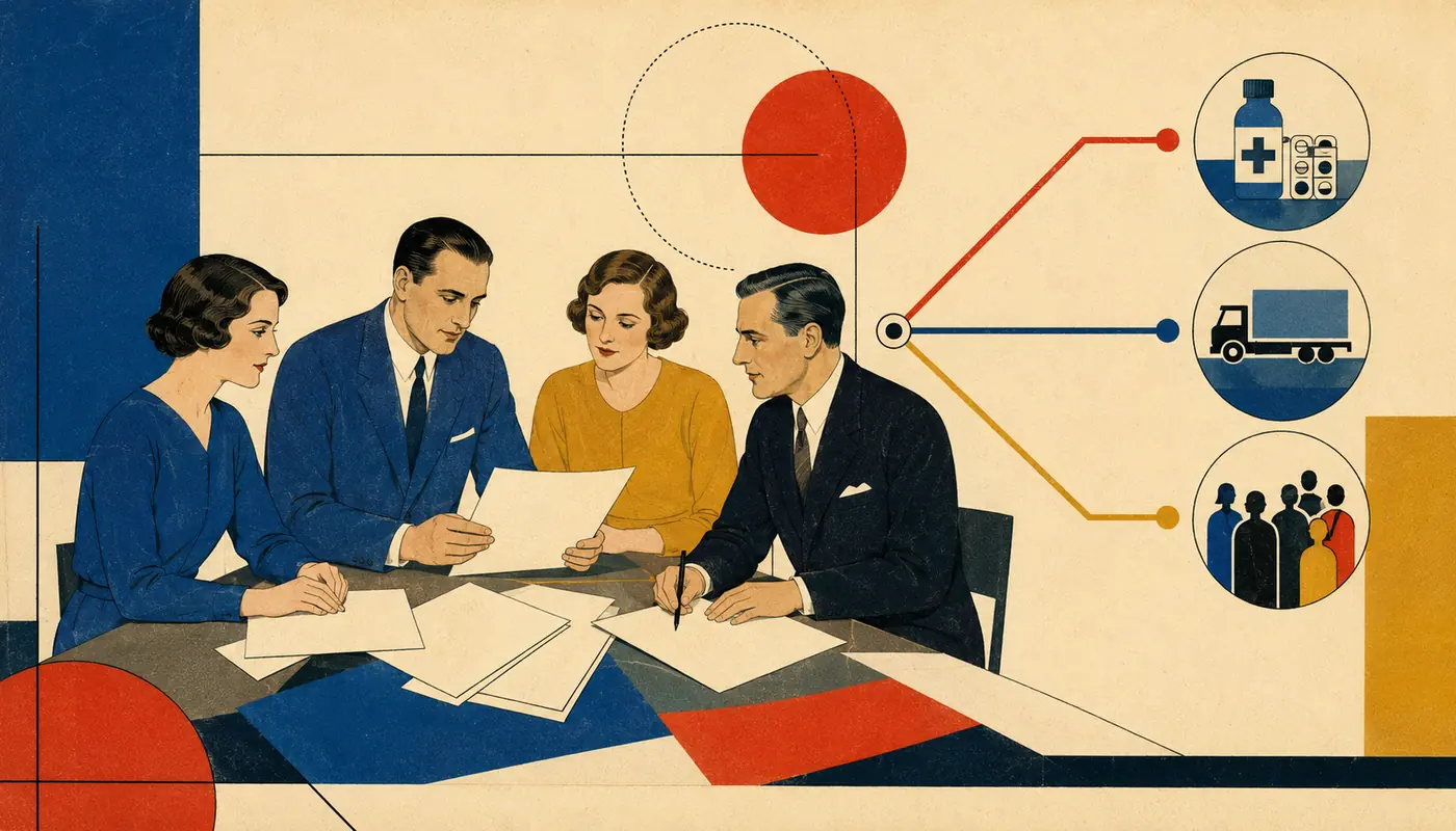Modernist illustration of a pharmaceutical crisis team verifying information and coordinating clear communication routes. Modernist illustration of a pharmaceutical crisis team verifying information and coordinating clear communication routes.