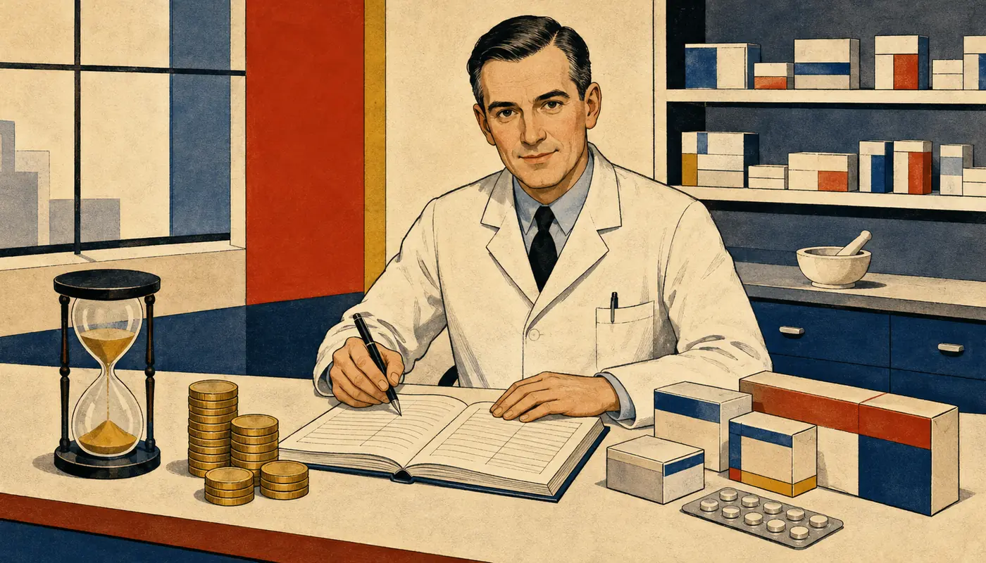 Modernist illustration of a pharmacy owner planning cash reserves, payment terms and medicine stock.