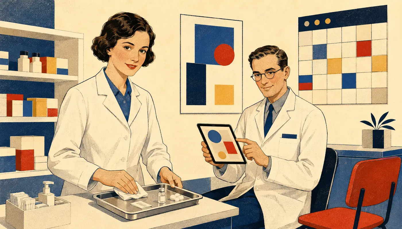 Modernist illustration of two pharmacists preparing a vaccination room with digital practice planning. Modernist illustration of two pharmacists preparing a vaccination room with digital practice planning.