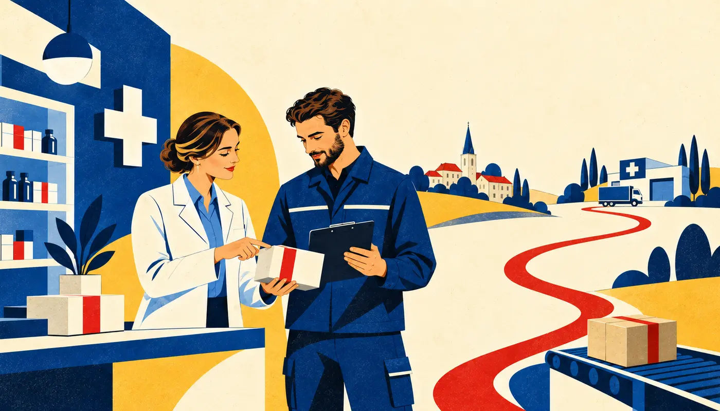 Schematische modernistische Illustration einer Apothekerin und eines Pharma-Logistikers bei der Prüfung eines Arzneimittelpakets zwischen Apotheke und Logistik. Schematische modernistische Illustration einer Apothekerin und eines Pharma-Logistikers bei der Prüfung eines Arzneimittelpakets zwischen Apotheke und Logistik.